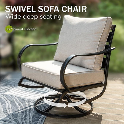 PHI VILLA 4 Piece Patio Furniture Set with 1 x 3 Seater Padded Deep Seating Bench, 2 x Swivel Cushioned Armrest Sofa Chairs and 1 x Coffee Table, Metal Outdoor Furniture Set for 5