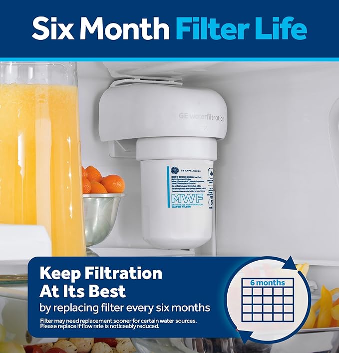 GE MWF Refrigerator Water Filter, Genuine Replacement Filter, Certified to Reduce Lead, Sulfur, and 50+ Other Impurities, Replace Every 6 Months for Best Results, Pack of 2