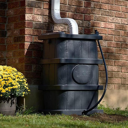 FCMP Outdoor Slim Line Design 45-Gallon Wood Grain Outdoor Home Rain Water Catcher Barrel Flat Back Container with Spigots and Mesh Screen, Grey