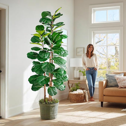Large Artificial ficus Tree Tall Faux Plastic Plants Flowers Indoor Outdoor Realistic Floor Plant Fake Fiddle Leaf fig Trees for House Home Living Room Office Front Porch Modern Farmhouse Decor