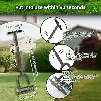 Lawn Aerator Tool with Bolt-On Base & Kick-to-Unclog - Manual Grass Aerator for Compacted Clay Soil, Never Weld Never Break, 12.2x6 Inch Wide Plate Covers 20% More (Pre-Assembled)