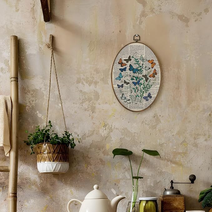 LKETW Vintage Butterfly Botanical Oval Wall Art Decor, Cottagecore Butterfly Oval Canvas Hanging Decor, Retro Nature Moth Insect Wall Decorations for Home Bedroom Living Room, 8.6x11.4 Inch