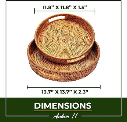 Round Rattan- Handmade Serving Tray-Decorative Woven Ottoman-Trays with Handles for Coffee Table Natural Basket Wave Tray (L- 13.7 Inch & M-11.8 Inch)