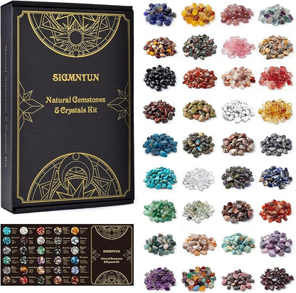 Polished Healing Crystal Chips Stones Set, 36 Different Natural Gemstone Types, 2.5 lbs 0.3" Tumbled Decorative Rocks Collection for Chakra, Meditation, Reiki, Crafts