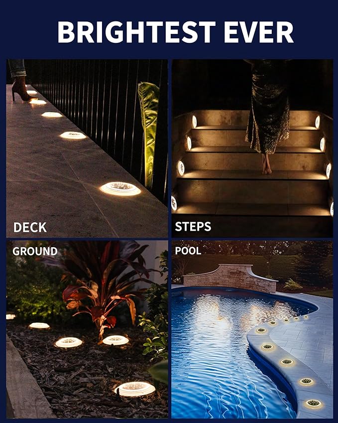 Solar Dock Lights, Crazy 48 LEDs Super Bright Disc Driveway Light, Outdoor Waterproof Flat Low Profile, Anti-Trip & Anti-Slip for Marine, Ground, Pool, Pier, Deck (Warm White, 8Pack)
