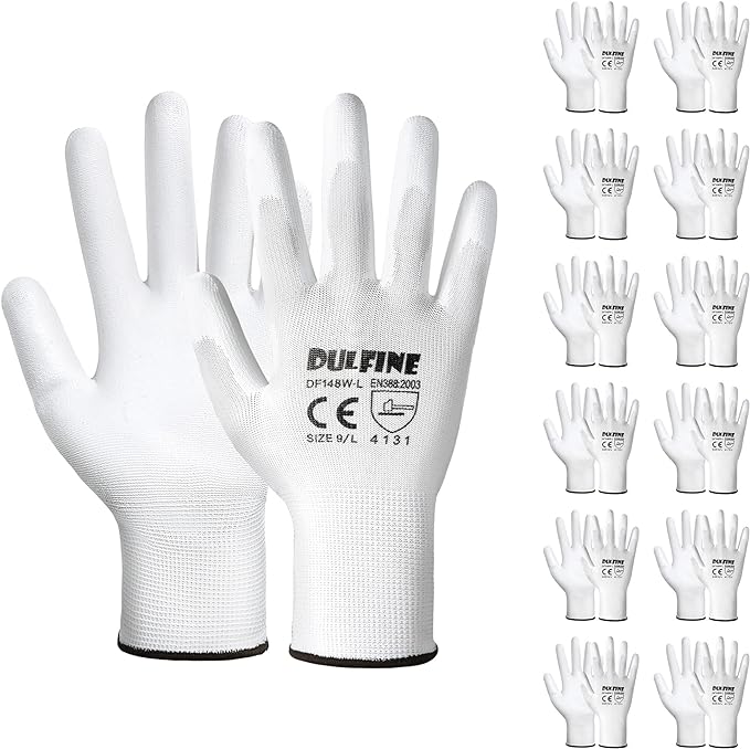 Safety Work Gloves PU Coated-12 Pairs,White Seamless Knit Glove with Polyurethane Coated Smooth Grip on Palm & Fingers, for Men and Women, Ideal for General Duty Work (X-Large)