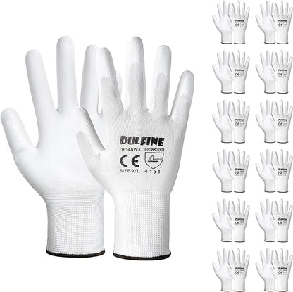 DULFINE Safety Work Gloves PU Coated-12 Pairs,White Seamless Knit Glove with Polyurethane Coated Smooth Grip on Palm & Fingers, for Men and Women, Ideal for General Duty Work (Small)