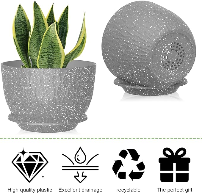 12/10/9 Inch Planter Pots, 3-Pack Large Flower Pots for Indoor Outdoor Garden Plants, Big Plant Pots with Multi Mesh Drainage Holes and Saucer (Speckled Grey, 12"+10"+9")