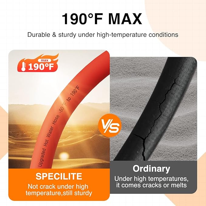 SPECILITE 3/4" Hot/Cold Garden Water Hose 200 ft, -50℉-190℉,Flexible & Lightweight With 3/4" Brass Fittings for Yard, Outdoor, Farm, Red