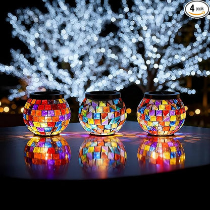 Cooo 4 Pack Landscape Lighting Path Lights Heavy Solar Mosaic Lantern with RGB Color-Changing Light – Dual Solar Panels, Red Amber Glass Tiles, Waterproof Outdoor Christmas Decorations