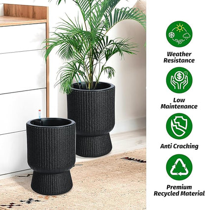 14.2" Tall Planters Set of 2, Plant Pots, Self Watering Pots for Indoor Plants, Flower Pots with Built-in Drainage and a Water Level Monitor, for Patio, Porch, Living Room, or Office, Black