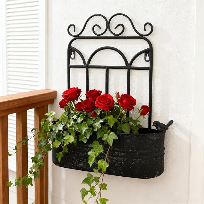 Rustic Metal Wall Planter Country Garden Wall Hanging Mount Vase Pocket Outdoor Vintage Hanging Pot Farmhouse Wall Decor for Plants Flowers (Black)