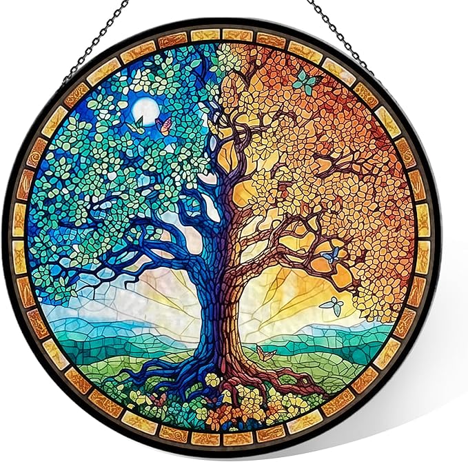 Tree of Life Stained Glass Window Hanging, 7.9" Sun Catcher Panel Boho Wall Art Decor with Chain, Hand Painted Round Glass Gifts for Couples, Housewarming Gift