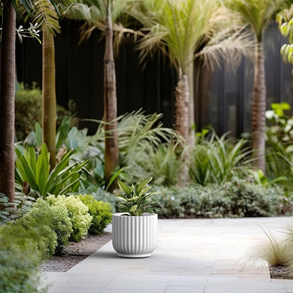 Kante Round Fulted Planter, 14 Inch Dia Large Concrete Plant Pots with Drainage Hole and Rubber Plug, Modern Decor for Indoor Outdoor Plants, Flower, White