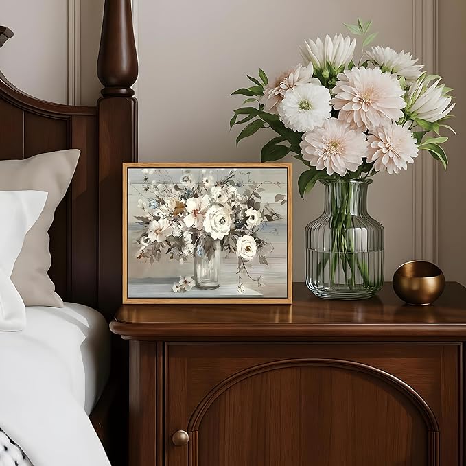 SAMHOU Floating Framed Canvas Wall Art, Vintage White Floral Poster Prints, Nature Plant Picture Wall Decor, Modern Farmhouse Painting Decor for Living Room Kitchen Bathroom Bedroom 8x10 inch