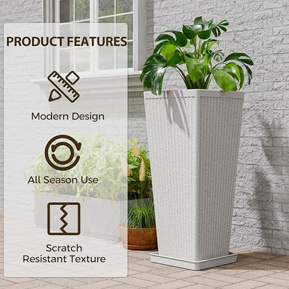 Tapered Tall Planters for Outdoor Plants 2 Pack- 23.6 Inch Heavy-Duty Classic Square Indoor Flower Pots with Drainage Holes/Partition/Tray, Large Outdoor Planters for Porch Patio, White