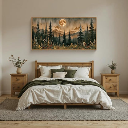 HOURIA Vintage Boho Nature Moonlight Forest Mountain Framed Canvas Wall Art Set,Wilderness Dark Moon Woodland Floral Decor,Retro Wildflower Field Landscape Artwork for Living Room,Farmhouse- 20"x40"x1