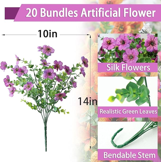mizii Artificial Flowers for Outdoors 20 Bundles Realistic Faux Silk Flower UV Resistant Fake Plants Outside Decorations for Patio Garden Balcony Yard Porch Summer Indoor Home Decor (Purple)