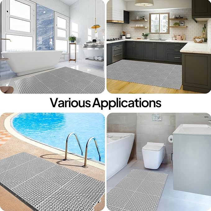 ROVSUN 12 PCS Interlocking Drainage Mat, 12’’x12’’ Drainage Tiles Interlocking,Soft PVC Floor Tiles, Non-Slip Drainage Holes for Restroom, Bathroom, Kitchen, Pool, Wet Areas,Grey