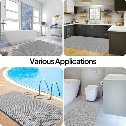ROVSUN 55 PCS Interlocking Drainage Mat, 12’’x12’’ Drainage Tiles Interlocking,Soft PVC Floor Tiles, Non-Slip Drainage Holes for Restroom, Bathroom, Kitchen, Pool, Wet Areas,Grey