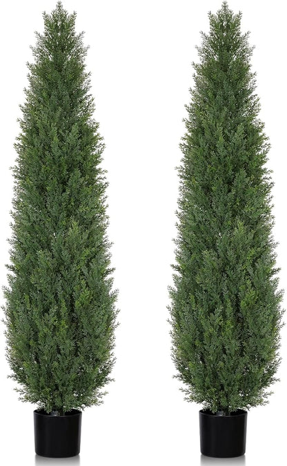 Artificial Cedar Topiary Trees 5 FT Faux Cedar Tree for Outdoor Planters Evergreen Plant, 60 inch UV Rated and Lush Fake Cypress Tree Shrubs for Gateway Front Door Porch Patio Garden, Set of 2