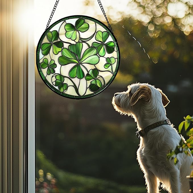 Stained Glass Window Hanging - Ireland Green Lucky Clover Suncatcher for Doors Garden St. Patrick's Day Sun Catchers Decor Mother's Day Birthday for Women Men Mom Nana 6.3 in