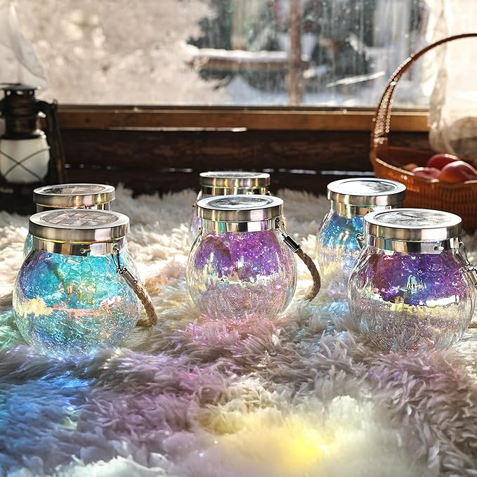 Cooo Christmas Gifts 2 Pack Solar Lanterns Waterproof Outdoor Iridescent Heavy Crackle Glass a Big LED Stainless Steel Lid 215% Solar for Women Mom Grandma Outdoor Table Lamps Garden Backyard Decor