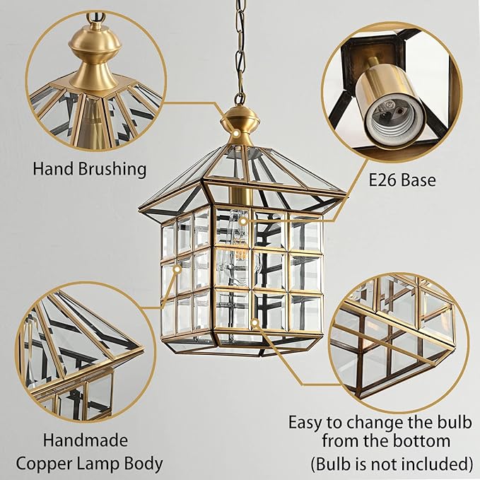Milaii Copper Brass Outdoor Pendant Lights, Waterproof Hanging Porch Light Exterior Lantern Light Fixture with Clear Glass Outdoor Chandelier for Patio Kitchen Dining Room Entryway