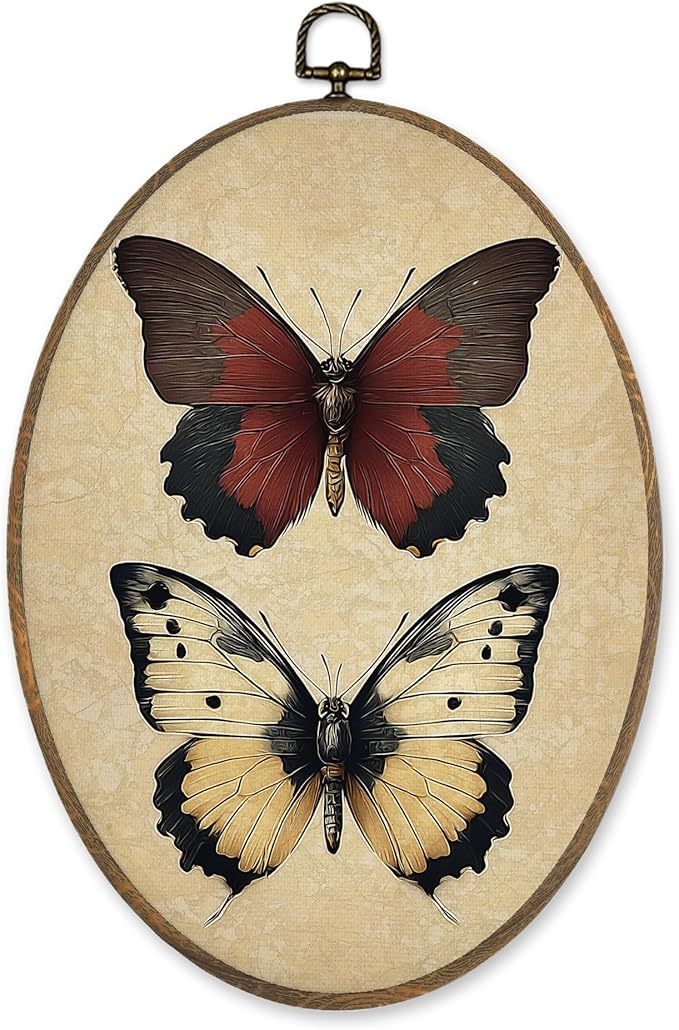 LKETW Vintage Butterfly Oval Wall Art Decor, Retro Cottagecore Butterfly Oval Canvas Hanging Decor, Retro Whimsical Moth Insect Wall Decorations for Home Living Room Bedroom, 8.6x11.4 Inch