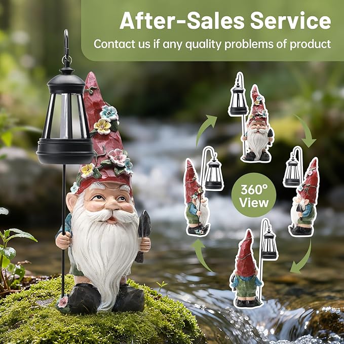 Garden Gnomes Statue with Solar Lantern, Outdoor Gnome Decorations for Yard, Outdoor Figurine Ornament with LED Lights for Patio Lawn, Housewarming Birthday Gift for Women Mom Grandma Wife
