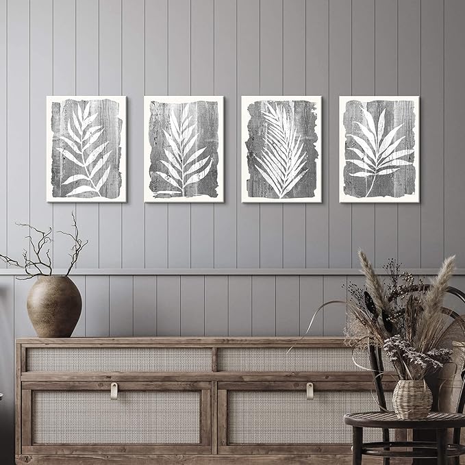 artopia Black and White Botanical Pictures: Grey Leaf Canvas Wall Art, Minimalist Plant Painting for Bathroom, 16"x12" Decor