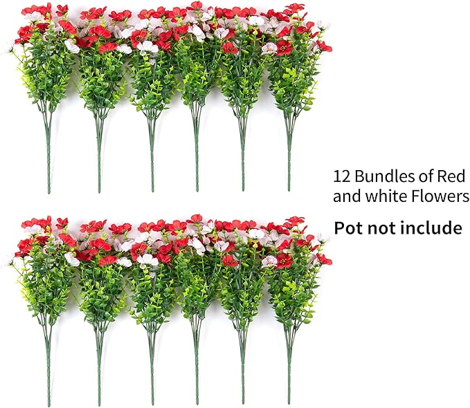Artificial Fake Plants Flowers for Outdoor Spring Summer Decor, 12 Bundles Faux Silk Daisy for Planter Pot Colorful UV Resistant Look Real for Front Door Porch Patio Outside Yard(Red White)