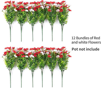 Artificial Fake Plants Flowers for Outdoor Spring Summer Decor, 12 Bundles Faux Silk Daisy for Planter Pot Colorful UV Resistant Look Real for Front Door Porch Patio Outside Yard(Red White)