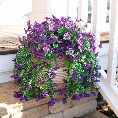 HyeFlora Artificial Flowers for Outdoors Garland Decoration, 2Pcs Dark Purple Fake Hanging Flowers, UV & Fading Resistant, Faux Decor for Home Porch Patio Balcony Planter Yard
