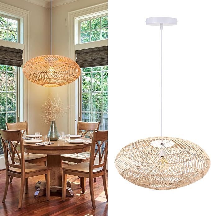 Arturesthome Natural Rattan Pendant Light, Woven Round Chandelier Pendant Lamp Shade, Hanging Ceiling Light, Handmade Lampshade for Kitchen Island Dining Room Hallway Foyer