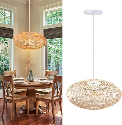 Arturesthome Natural Rattan Pendant Light, Woven Round Chandelier Pendant Lamp Shade, Hanging Ceiling Light, Handmade Lampshade for Kitchen Island Dining Room Hallway Foyer