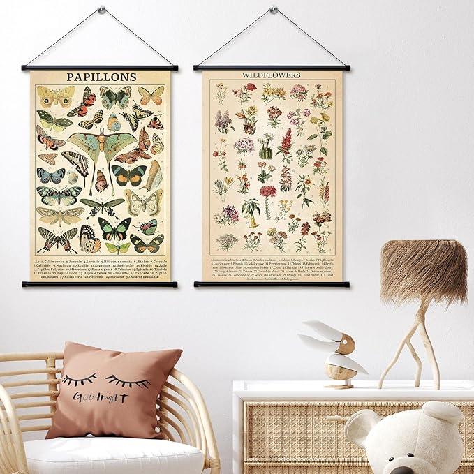 Geosar 2 Pcs Vintage Mushroom Flower Butterfly Tree Poster Fungus Rustic Wall Hanging Illustrative Reference Chart Poster for Bedroom Living Room, 15.7 x 23.6 Inch (Butterfly,Flower)
