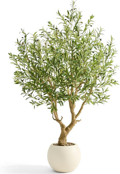 7.5 FT Large Luxury Artificial Olive Tree, Tall Faux Olive Tree with White Pot, Extra Lush Stereoscopic Shape, 5 Minutes Easy Set-up, Realistic Trunks and Lifelike Leaves & Fruits, Home Office Décor