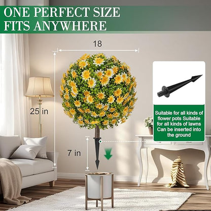 25" Artificial Topiary Ball Fall Tree with Yellow Daisy，Fake Mums Plants with Ground Spike，Set of 2 UV Resistant Faux Bushes, Fake Shrubs for Garden, Patio, Porch, Yard, Indoor
