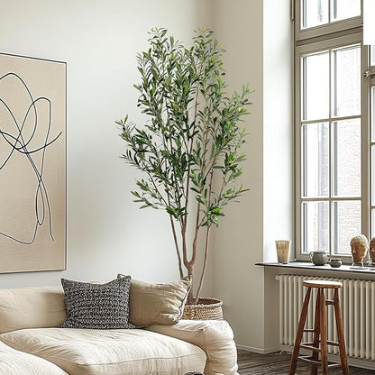 7FT Artificial Olive Tree Tall Faux Silk Plant Tall Faux Olive Tree with Natural Wood Trunk & Lifelike Fruits Fake Potted Tree or Home Office Decor