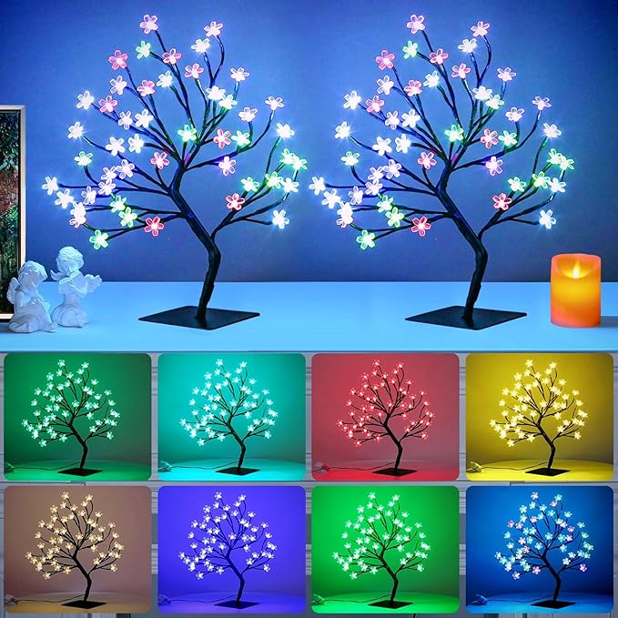 2pcs 48 LED Artificial Lighted Cherry Blossom Tree - Cherry Blossom Bonsai Tree 16 Color-Changing Metal Base Night Lights for Christmas Wedding Party