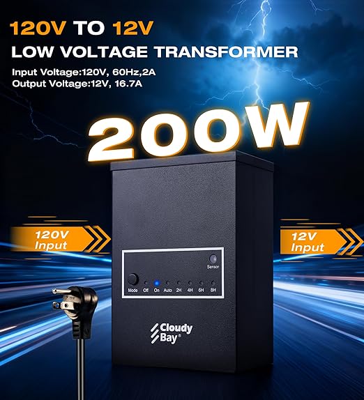 CLOUDY BAY 200W Low Voltage Outdoor Transformer with Photocell Light Sensor and Timer,120V AC to 12V AC Power Pack,for Landscape Lighting