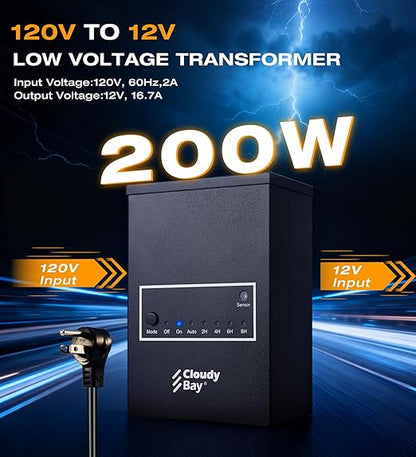 CLOUDY BAY 200W Low Voltage Outdoor Transformer with Photocell Light Sensor and Timer,120V AC to 12V AC Power Pack,for Landscape Lighting