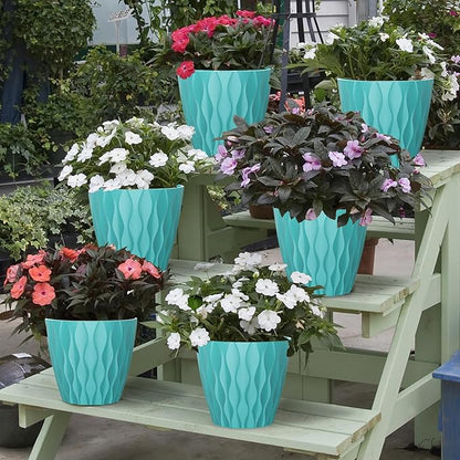 7 Inch Plant Pots with Saucers, 6 Pack Indoor Flower Pots, Planters with Drainage Holes for Orchids, Violets, Succulents, Herbs, and Other Plants, White (Black-Green, 7inch)
