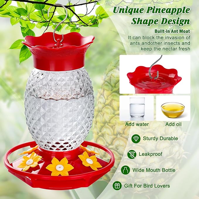 Glass Hummingbird Feeders for Outdoors Hanging Ant and Bee Proof 16OZ 2 Pack Clear Pineapple Humming Bird Feeder with 6 Feeding Ports and Ant Moat Hummingbird Gifts for Women Garden Decor