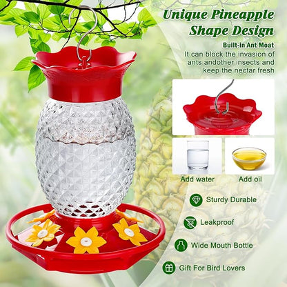 Glass Hummingbird Feeders for Outdoors Hanging Ant and Bee Proof 16OZ 2 Pack Clear Pineapple Humming Bird Feeder with 6 Feeding Ports and Ant Moat Hummingbird Gifts for Women Garden Decor