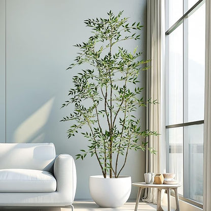 7.2ft Faux Bamboo Tree Artificial Nandina Tree Artificial Indoor Plants Realistic Fake Potted Tree with 800+ Leaves, Cement Planter - Home Office Decor Perfect for Housewarming Gift Non-Toxic