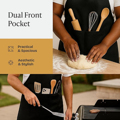 Will Well Chef Apron for Men and Women - 33" x 27" Large with 38" Waist Ties for a Comfy and Snug Fit, Durable and Lightweight, with 2 Spacious Pockets for Your Cooking Essentials - 2-Pack, Black