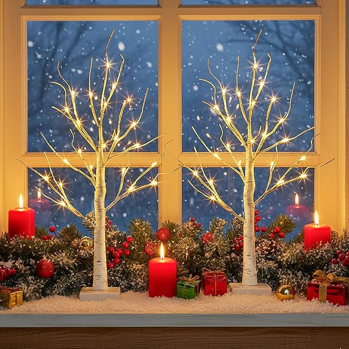 EAMBRITE Lighted Birch Tree Christmas Decorations Indoor for Home, 2Pack 24 LED Battery Operated/USB Tabletop Mini Small Artificial White Trees with Lights for Table Mantel Winter Xmas Decor (2FT)
