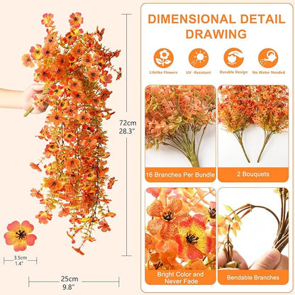 Artificial Fall Fake Flowers for Outdoor, 2 Pcs Fake Mums Faux Hanging Flowers Outdoor Fall Decor, UV Resistant Silk Flower for Front Door Porch Planters Patio Yard Garden(Orange Sunset Red)